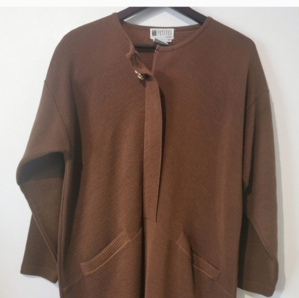Vintage Knit Neutral Brown Wool Blend Minimalist Medium Wool Blend Dress Pockets - Picture 7 of 10